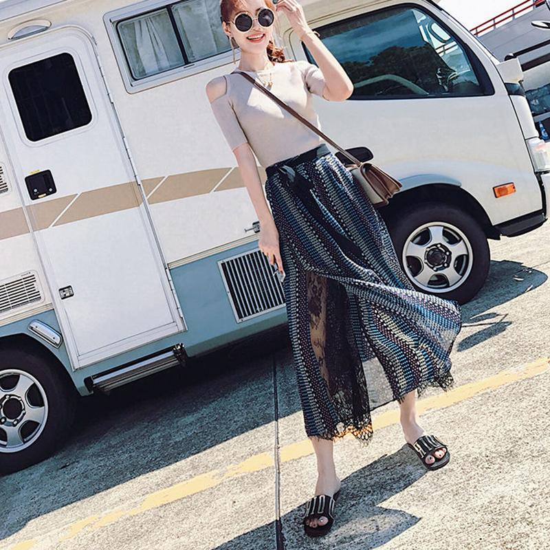 WTEMPO Lace Chiffon Wide-leg Pants Women Split Fork Loose High Waist Ankle-Length Pants Trousers Cool and Breathable