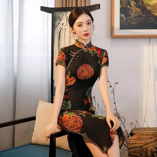 High-end Cheongsam Women's Mid-length Summer Short-sleeved Flower Luo Low Slits Retro Slim Slim Banquet Dress