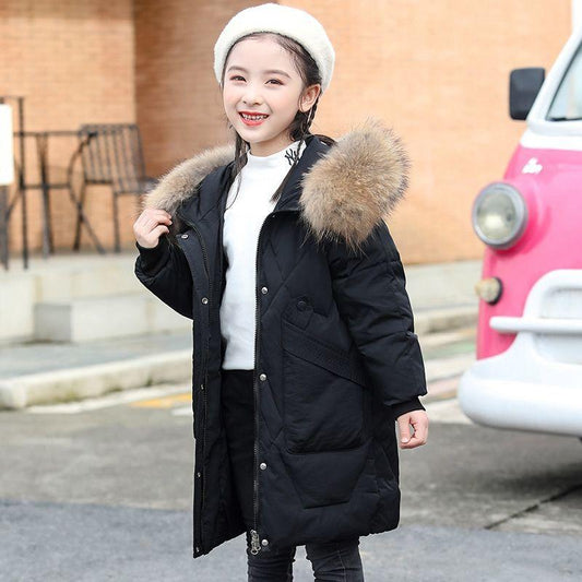 Girls' Winter Warm Cotton Coat Mid-length Plus Velvet Padded Cotton Jacket Korean Fashion Windproof Jacket