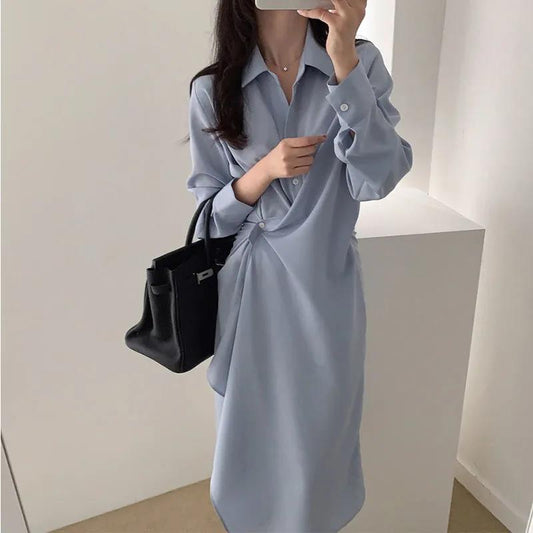 Irregular Design Shirt Dress Female Spring and Autumn Mid-length Temperament Waist Slim Slimming Dress