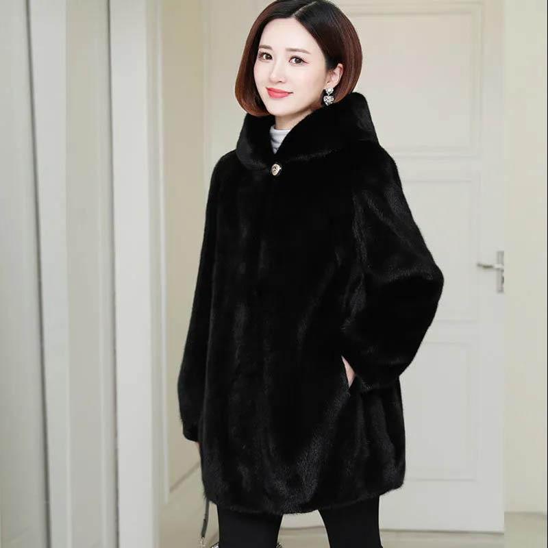 WTEMPO Winter Models of Imitation Mink Fur Coat Loose Mink Fur Coat Women's Hooded Mid-length Thickening