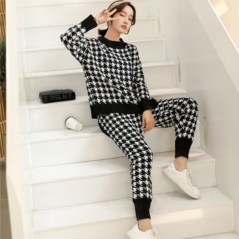 2pcs/set Women Knitted Tracksuit Houndstooth High Neck Sweater + Carrot Jogging Pants Pullover Sweater Set CHIC Knitted Outwear