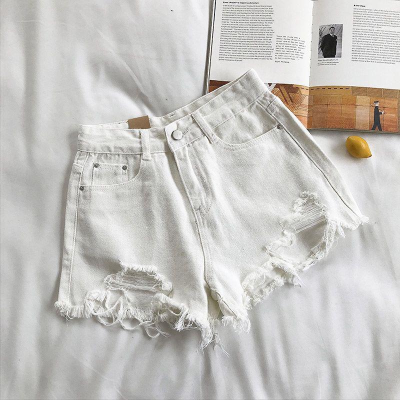 Light-colored Denim Shorts Women's High Waist Summer New Style Korean Loose Loose Holes and Raw Edges Are Thin