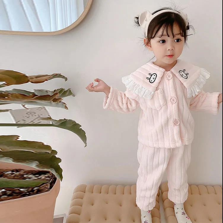 Girls Coral Velvet Pajamas Set Autumn and Winter Baby Plush Thickened Flannel Children's Winter Warm Home Clothes