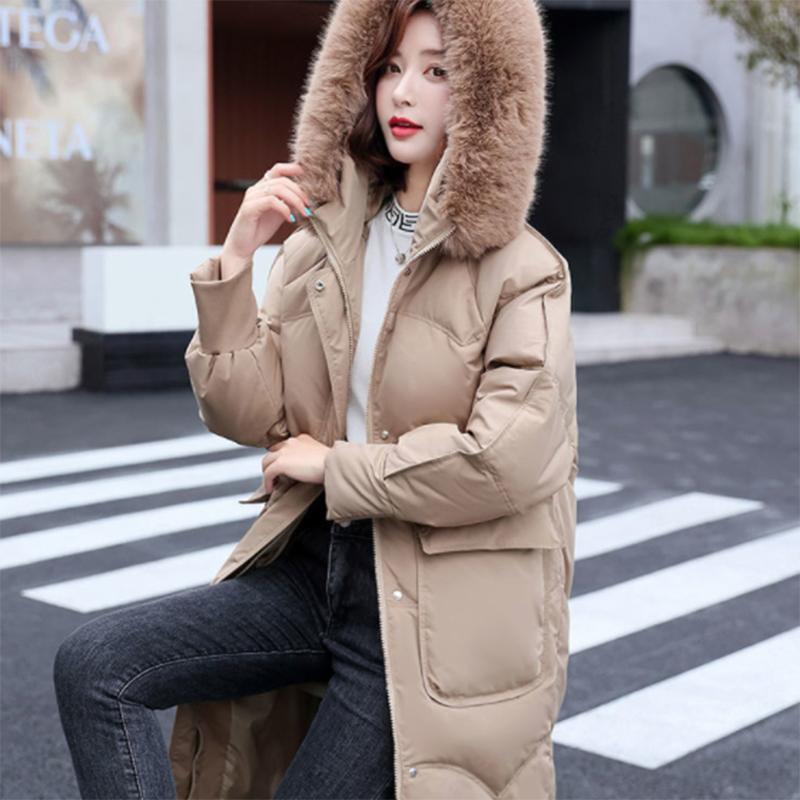 Women's Shiny Down Padded Jacket Mid-length Korean Style Loose Padded Jacket Warm Cotton Coat Big Fur Collar Winter Clothes