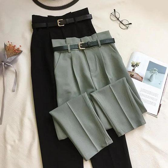 Women Solid Color Sashes Casual Slim Pants Chic Business Loose Trousers Female Large Size Vintage Long Pants