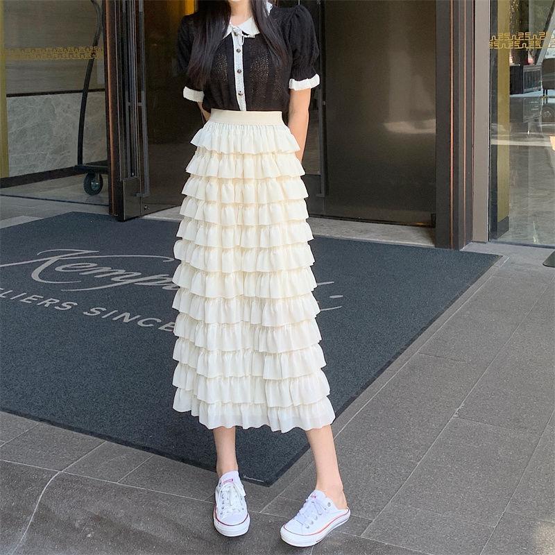 Women Tiered Skirts Summer Elegant Chiffon A-line Layered Skirt Female Elastic High Waist Preppy Style Dancing Long Skirts