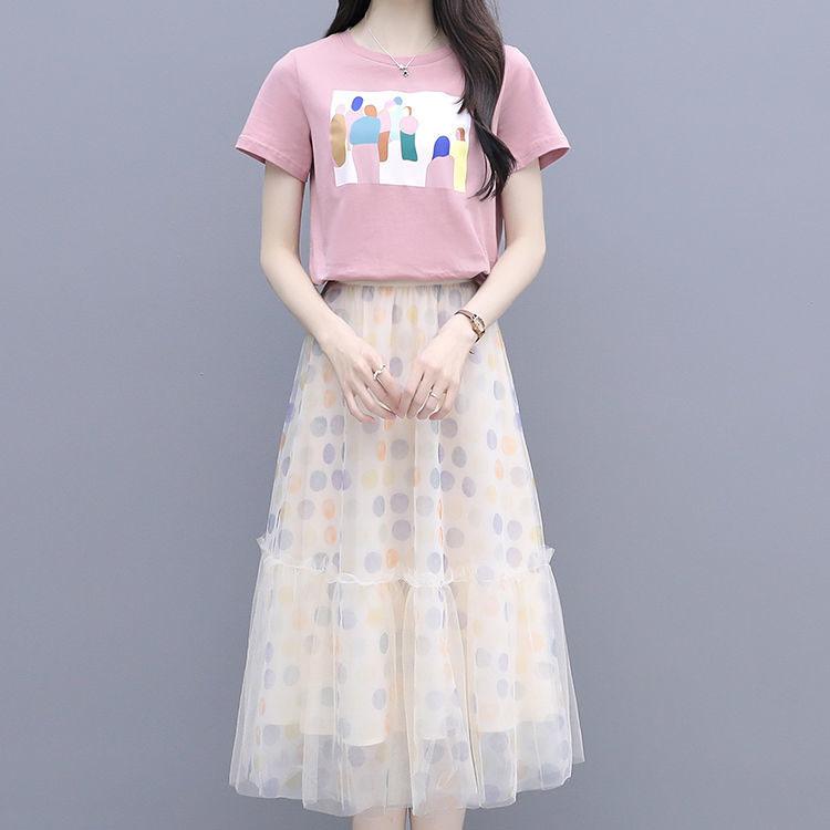 Women Summer 2 Pieces Skirt Set Pink Short Sleeve Pattern Print T-shirt & High Waist Dot Print Mid-length Pleated Skirt Lady Casual Skirt Suit