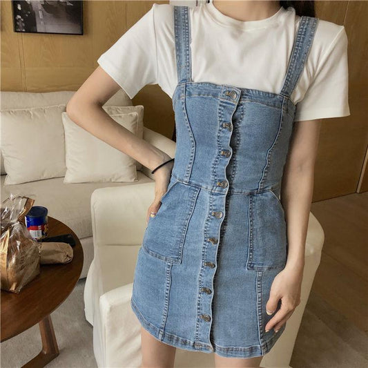 Woman Sexy Denim Strap Dress  Female Slim Package Hip Dress Summer Short Denim Dress Club Party