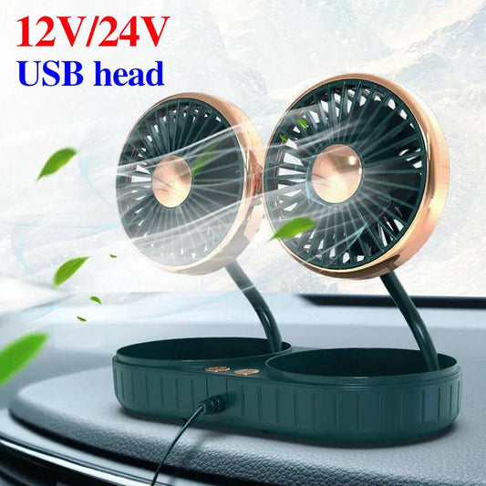 12V/24V Car Double Head Fan USB Head Car Home Dual Fan Mini Portable Electric Fan