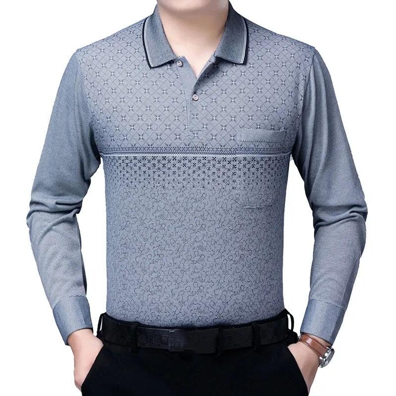 Men's Cotton Plaid Printed Polo Shirt Long-sleeved T-shirt Middle-aged Elderly Spring and Autumn Thin Tops Casual Business Lapel Shirts