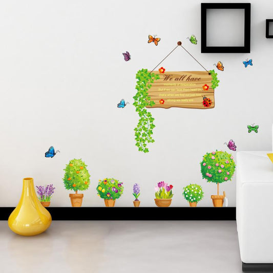 Flowerpot combination wall sticker removable glass window bedroom waterproof green spring wallpaper