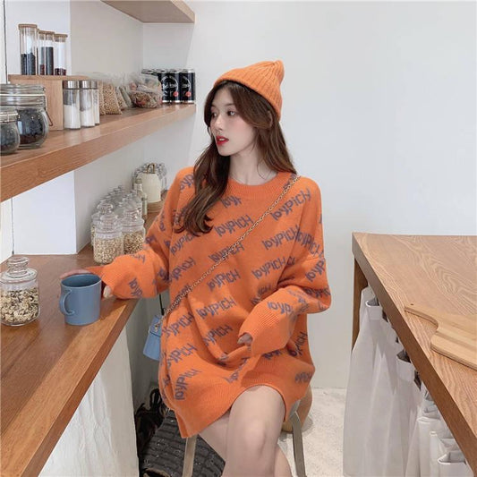 3 Color Letter Knitwear O-Neck Loose Knitting Pullover Chic Solid Color Jumper Sweater Top