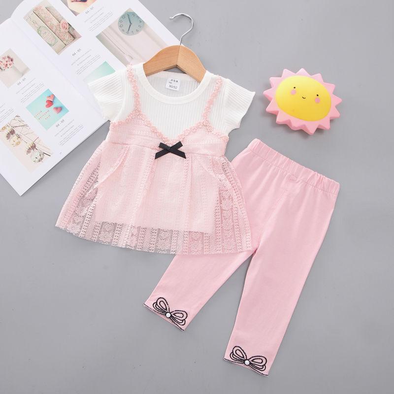 2PCS Children Clothing Set Spring Summer Girls Suits Yarn Short Sleeve Tops + Pants Clothing Set