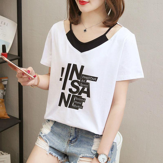 Women Summer Short Sleeve T-shirt Vintage Large Size Casual Loose V-neck Print T-shirt