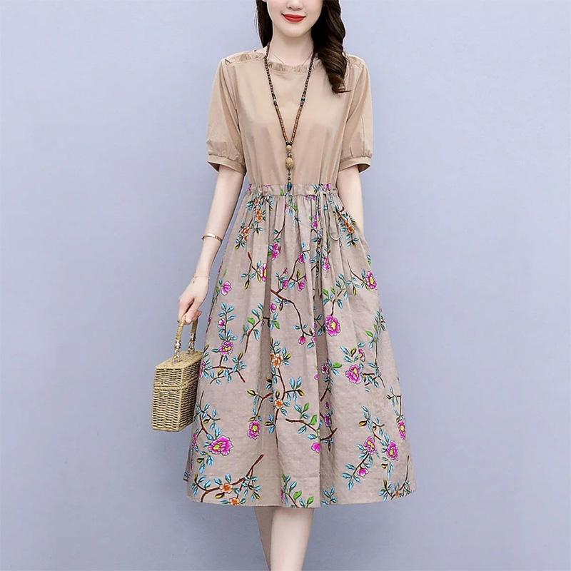 Cotton and Linen Floral Stitching Dress Women's Waist Slimming Temperament Age-reducing Large Size Mid-length A-line Skirt