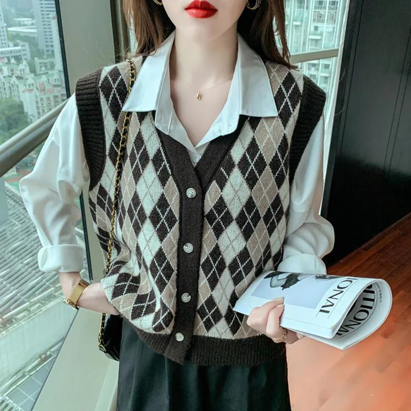 Women's Autumn Sweater Art British Style Hit Color Geometric Knitted Sweater Vest V-neck Loose Button Sleeveless Cardigan Waistcoat College Style