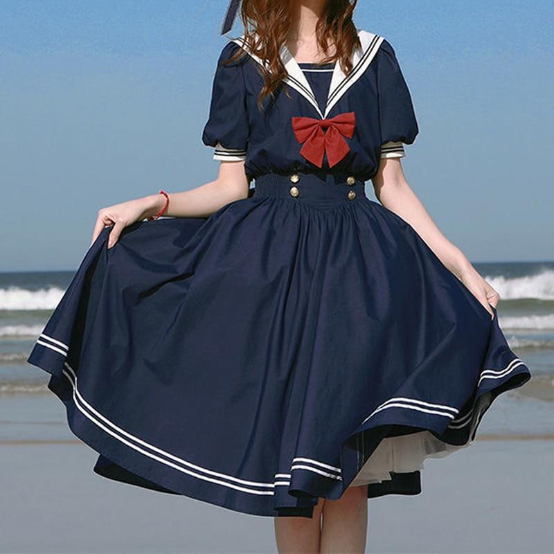 Sailor Collar Navy Dress Japanese Lolita Sweet Bow-knot Girl Retro Cotton Kawaii Preppy Style Short Sleeve Dress Women