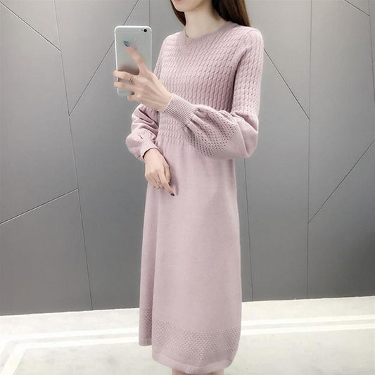 Knit Dress Women Autumn and Winter Loose Mid-length Over-the-knee Sweater Bottoming Tie Belt Slim-fit Sweater Dress Puff Sleeve Sweater