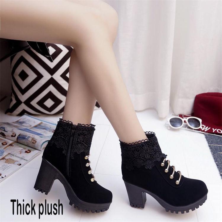 Women's Boots High-heeled Shoes Snow Boots Winter Fur Thick Ankle Boots  Plus Velvet Cotton Shoes