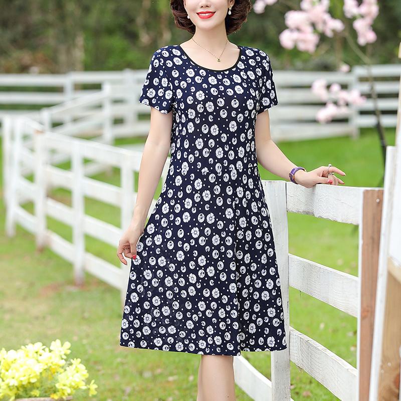 Round Neck Floral Dress Loose Large Size Slimming Women's Dress Short Sleeve Long Skirt Slimming Skirt Fabric Light and Breathable