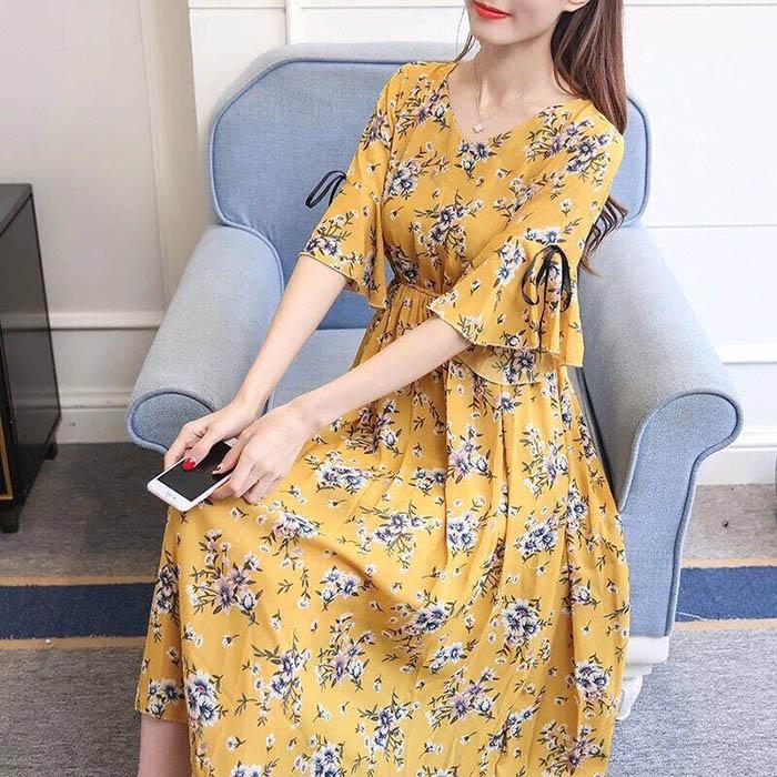 S-2XL Women Chiffon Floral Dress A-line Sun-dresses Below The Knee Long Beach Dresses