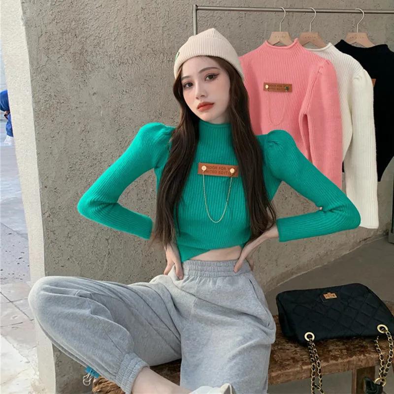 Turtleneck Sweater Women White Long Sleeve Slim Cropped Tops Autumn Winter Fashion Casual High Neck Knitted Jumper Pink Knitwear Basic Top Clothes