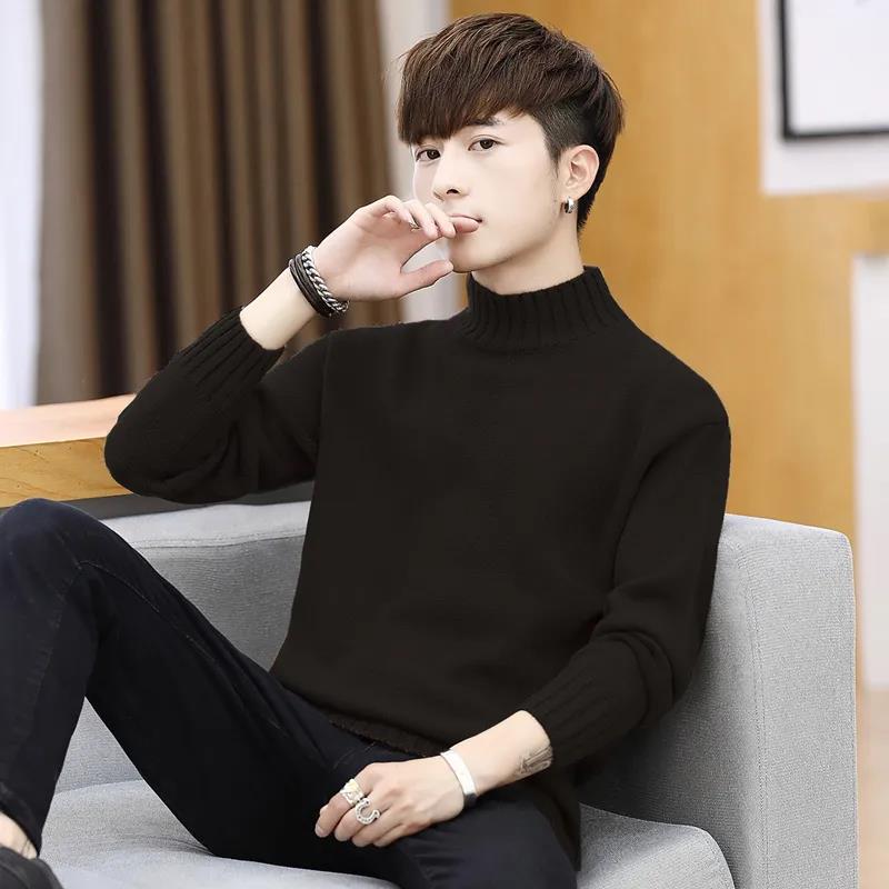 Men's Fall/winter Sweater Fashion Knit Half High Neck Solid Color Slim Bottom Pullover Sweater