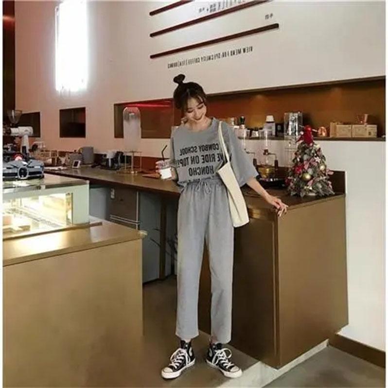 2PCS Summer Student Loose Letter Short Sleeve T-Shirt + Straight Ninth Pants Ladies Casual Sports Two-piece Suit Jogging Suits for Girl