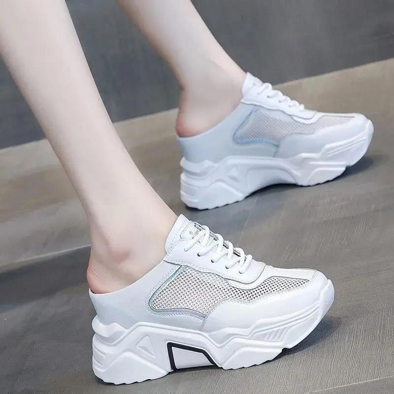 Summer All-match Baotou Semi-slippers Women's Outer Wear Thick-soled Mesh Surface One-step Increase Daddy Sandals