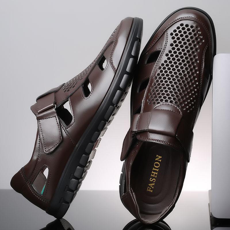 Men's Leather Sandals Summer Breathable Leather Shoes Middle-aged and Elderly Soft Bottom Hole Shoes Hollow Light and Breathable