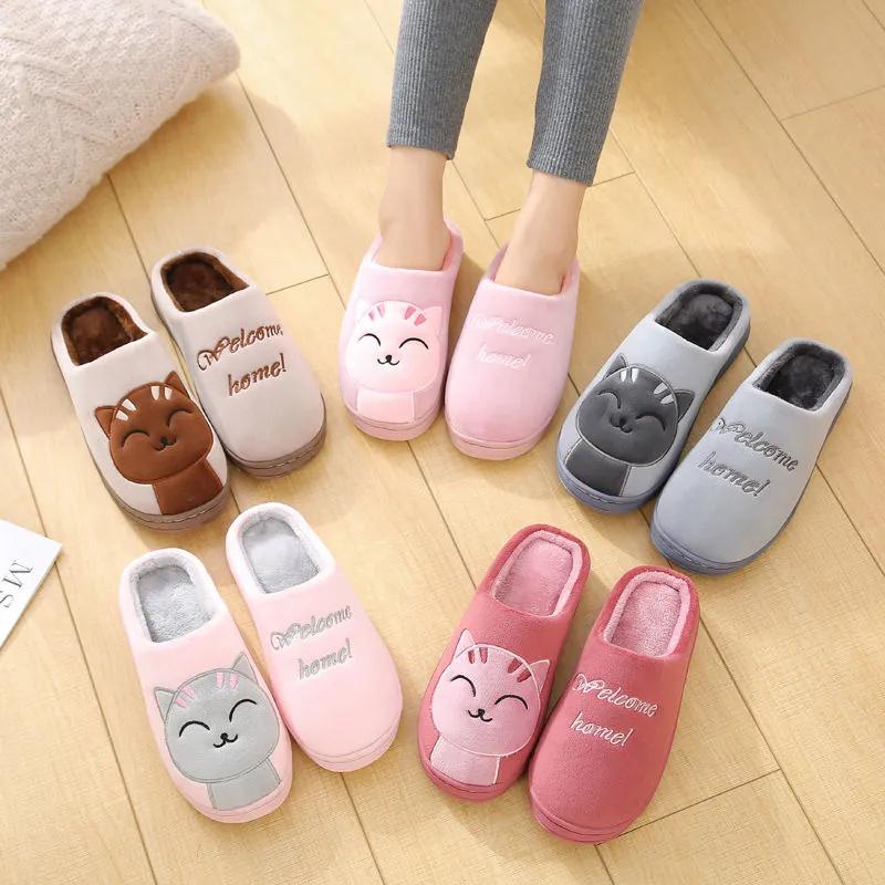 Women Winter Slippers Pin Cute Cat Thick Fleece Warm Home Couples Slippers Men Plus Size Slipper Non Slip Cotton Shoes