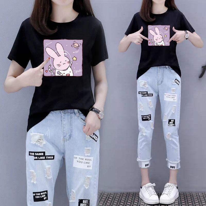 Suit Women Summer Print Round Neck Short-sleeved T-shirt Ripped Nine-point Jeans Loose Two-piece Cute Casual Suit