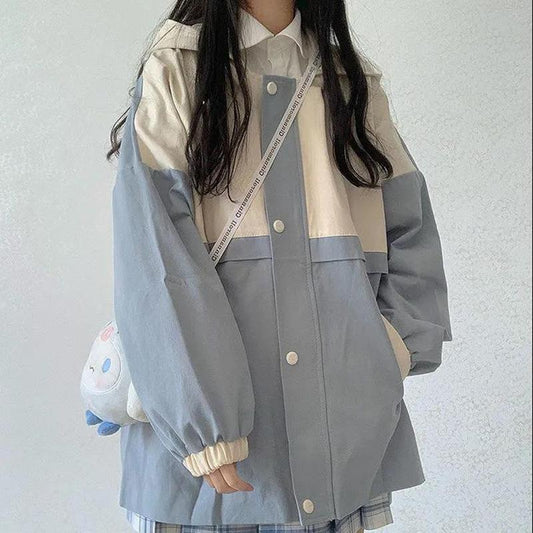 Autumn and Winter College Style Blue Work Coat Loose Hooded Baseball Uniform Jacket Women's Long-sleeved Warm