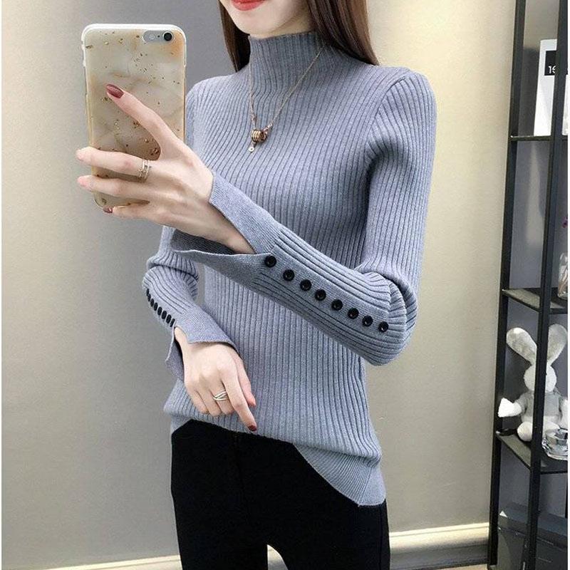 Women Sweater with Buttons Long Sleeve Sexy Slim Female Tight Knit Turtleneck Pullover Ladies Jumper