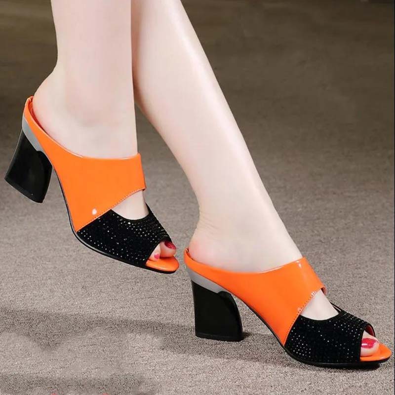 High Heel Slippers Women Summer Mid-heel Fish Mouth Slippers Thick Heel Sandals Patent Leather Rhinestone Women Sandals