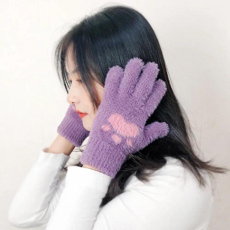 Women's Winter Warm Gloves Cold-proof Cute Sweet Cartoon Dog Paws Plus Velvet Thick Touch Screen Show Finger Five-fingers Cycling Writing Mittens