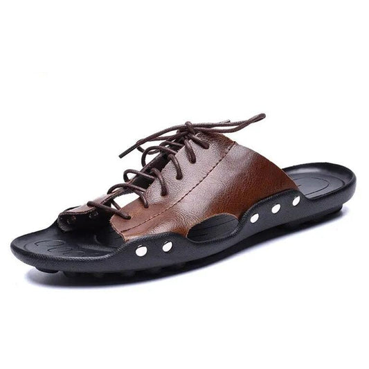 [Cowhide Leather] Summer Leather Slippers Men's Sandals Outer Wear Non-slip Slippers Korean Casual Beach Shoes Outdoor Sandals Lace Up Slippers