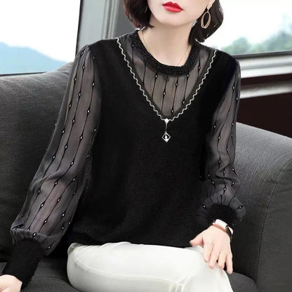 New Autumn Spring Style Chiffon Shirt Chic Elegant Round Collar Blouse Women Long Sleeve Top Pullover