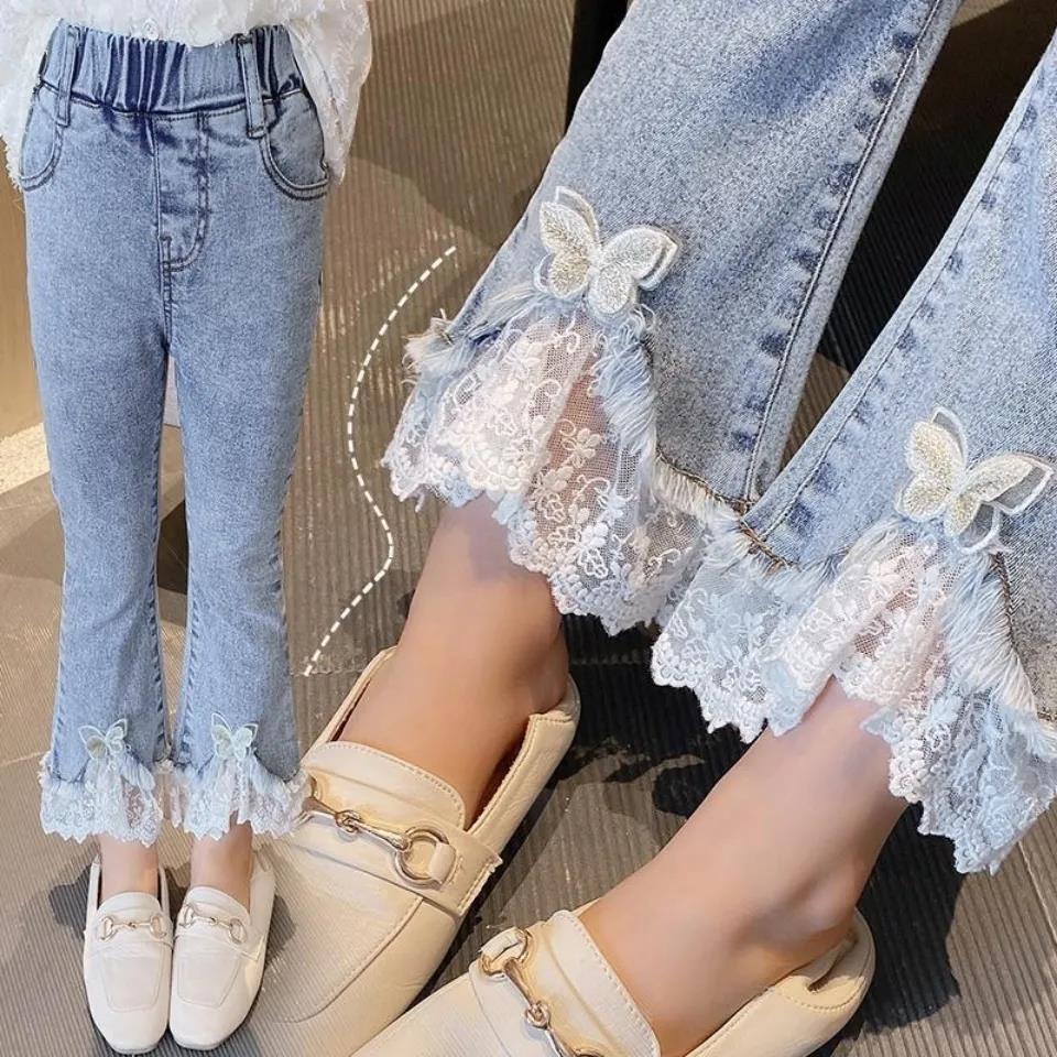 Children's Pants Summer Girls Casual Trousers Flared Pants Slim-fit Jeans Lace Pearl Bow Dot Pants