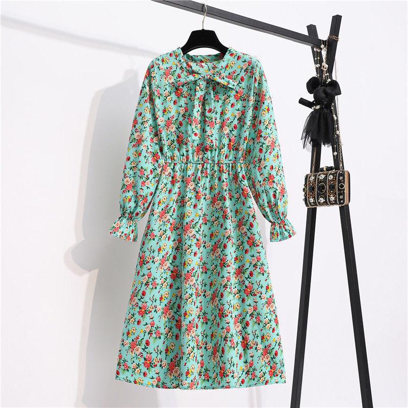 Women's Chiffon Dress Female Vintage Floral Printed Long Sleeve Bow Midi Dresses Spring Autumn Flare Sleeve