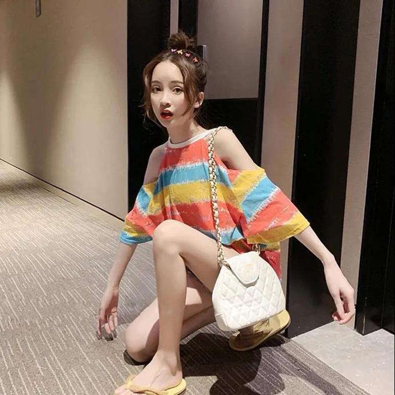 Rainbow Striped Short-sleeved T-shirt Loose Sexy Round Neck Strapless Top Women's Light and Breathable Women's Loose Casual T-shirt