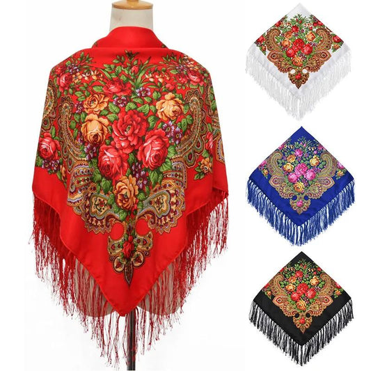 Muslim Women's Autumn Winter Pullover Scarf Cotton Printed Fringe Multifunctional Square Scarf Ethnic Wind Sand-proof Shawl Embroidery Tassels Scarves