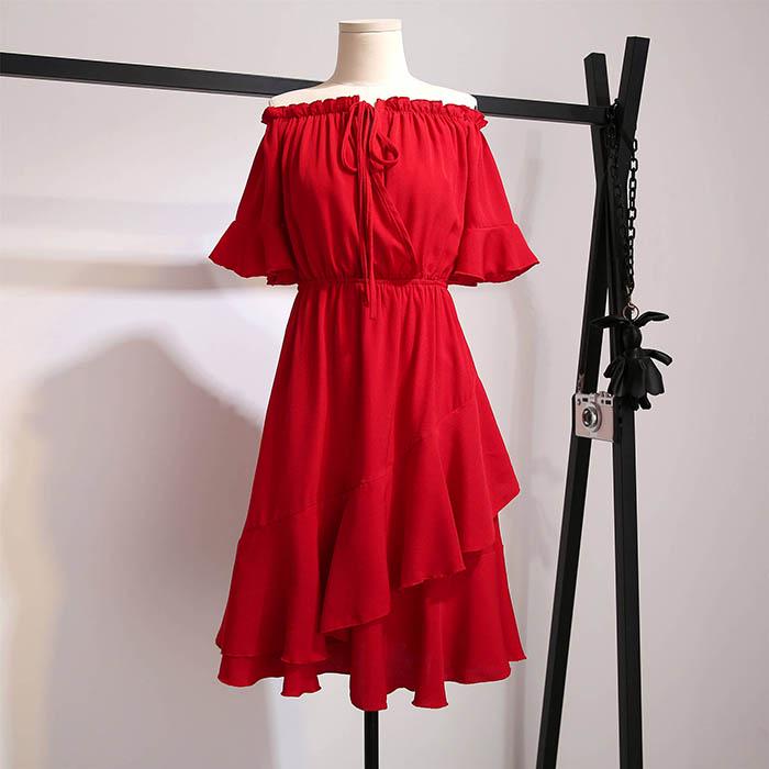 Pofulove M-4XL Women Off Shoulder Elastic Waist Red Dress Slim Sexy Short-sleeved Long A-line Dress