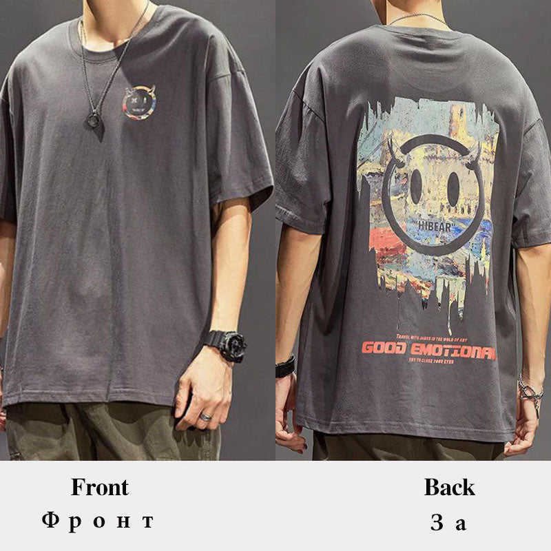 Oversized Fat Tees Youth Casual T-shirts Chinese Trendy O-neck Short Sleeves Loose Pullover Summer Devil Icon Print Shirt Men