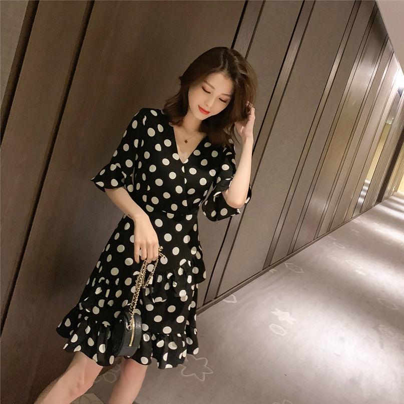 Women's Summer Korean Elegant Medium Length V-neck Wave Point Ruffle Waist Retro Slim Dress