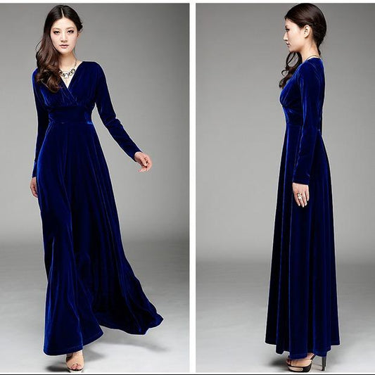 Vintage Gold Velvet Maxi Dresses Plus Size Long Sleeve Midi Dress Elegant Women