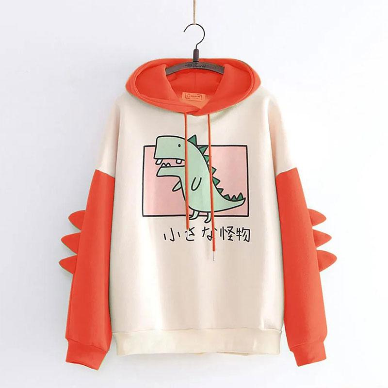 Dinosaur Oversized Cartoon Hoodie Women Sweatshirt Casual Print Korean Style Thicken Sweatshirt Winter Dino Hoodie Tops Cute Warm Sweater