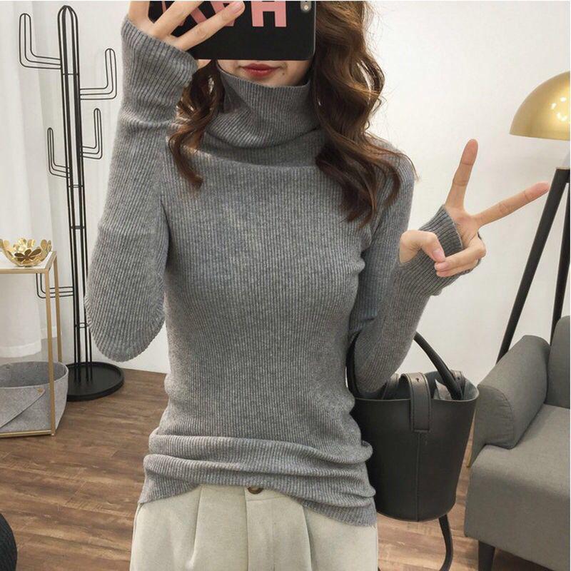 Pofulove long sleeve pullover base sweater autumn and winter tops Slim pile turtleneck sweater women