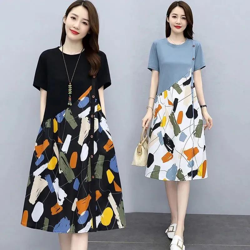 Broken Flower Loose Dress Women Loose Cover Belly Slimming Casual A-line Skirt Women Round Neck Short Sleeve Stitching Flower Color Dress